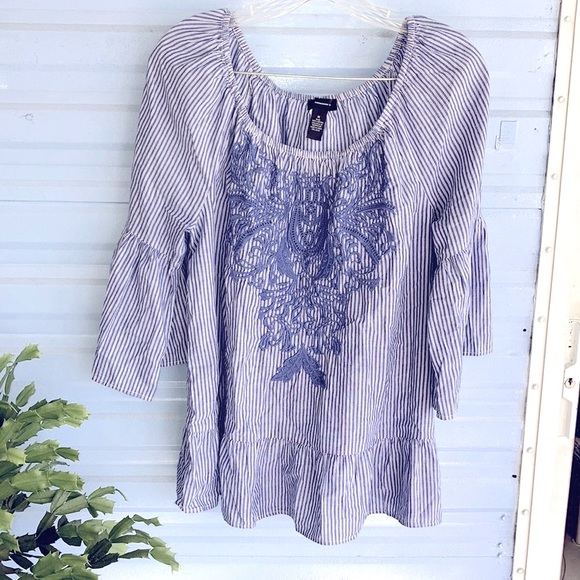 Wmns ICE International Concepts Top Shirt Blouse Blue Striped Embroidered Sz M - Picture 1 of 7